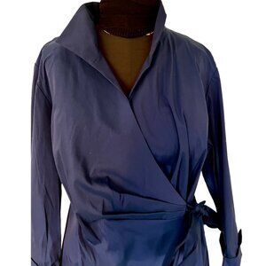 Lafayette 148 New York Navy Blue Wrap Dress 100% Cotton Poplin Sz 18W